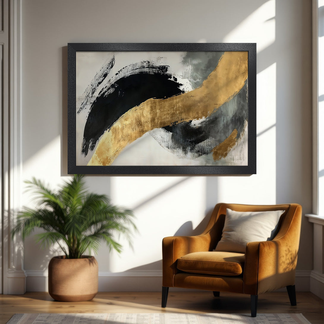 Framed Poster: Abstract art print in black, gold, and gray. Modern style, perfect for home decor. Enhance your space with this beautiful poster.