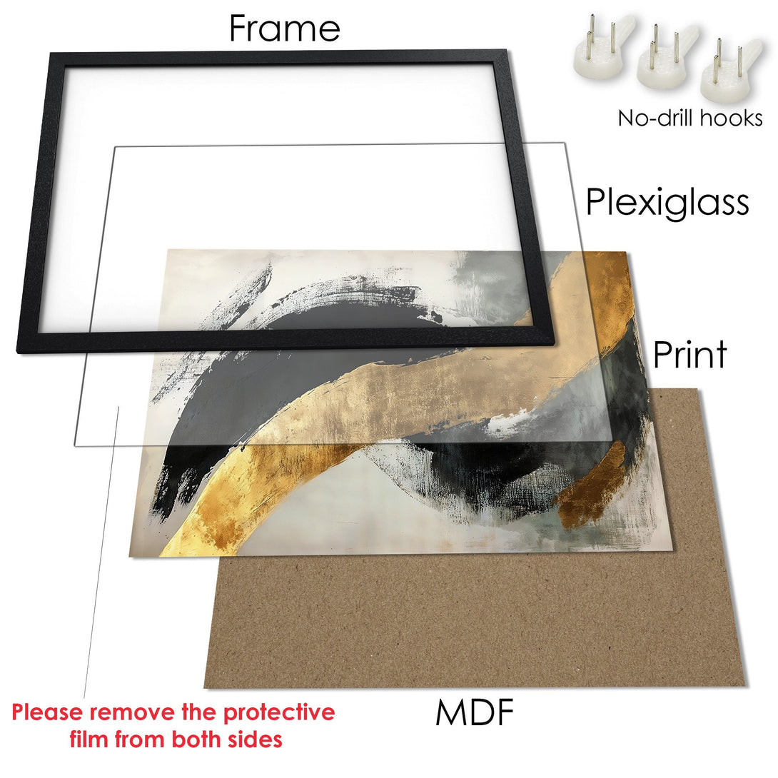 Framed Poster art print with abstract brushstroke design in gold, gray, and black. Modern wall decor.