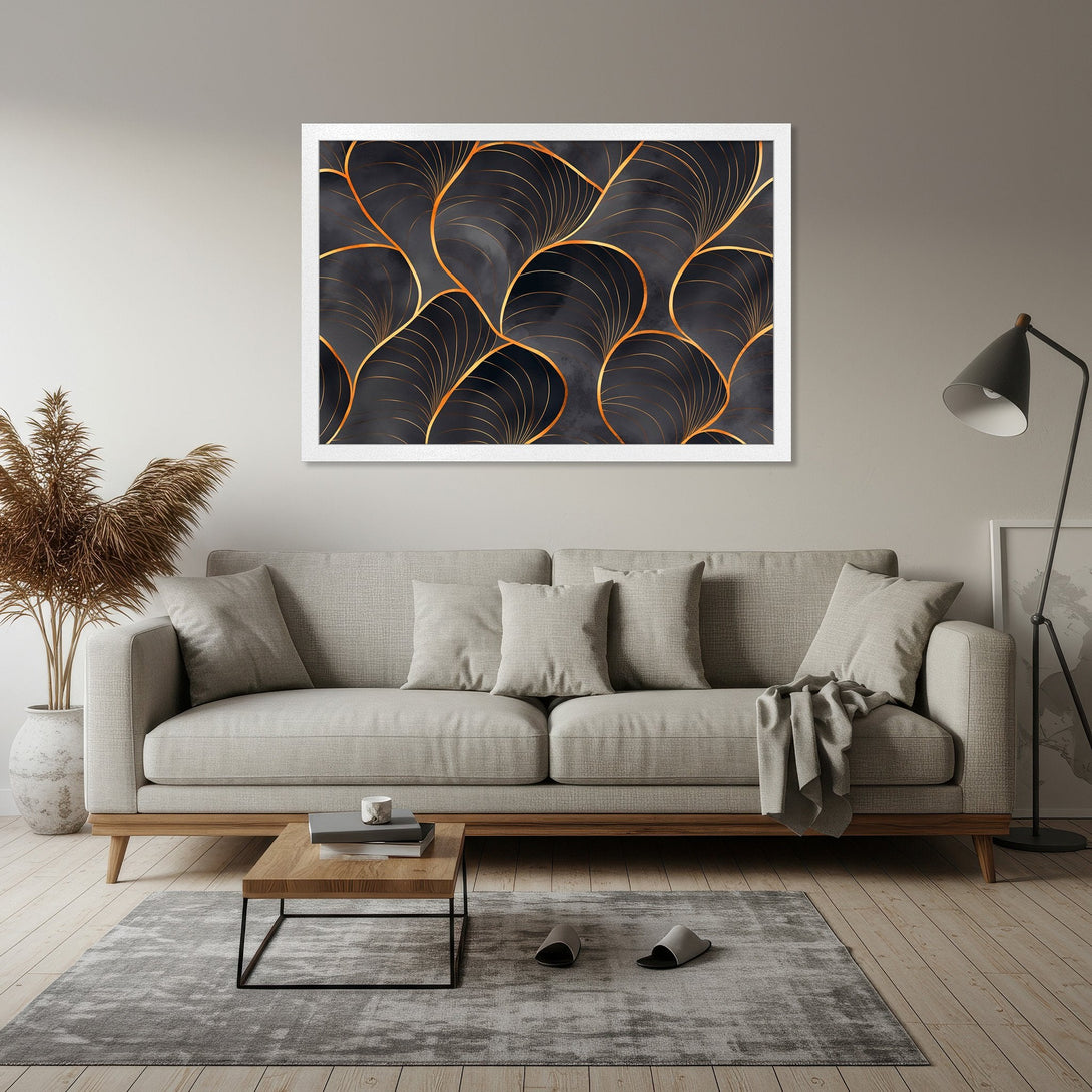 Framed Poster featuring a modern abstract design with gold accents on a dark background. Perfect wall art for your home!