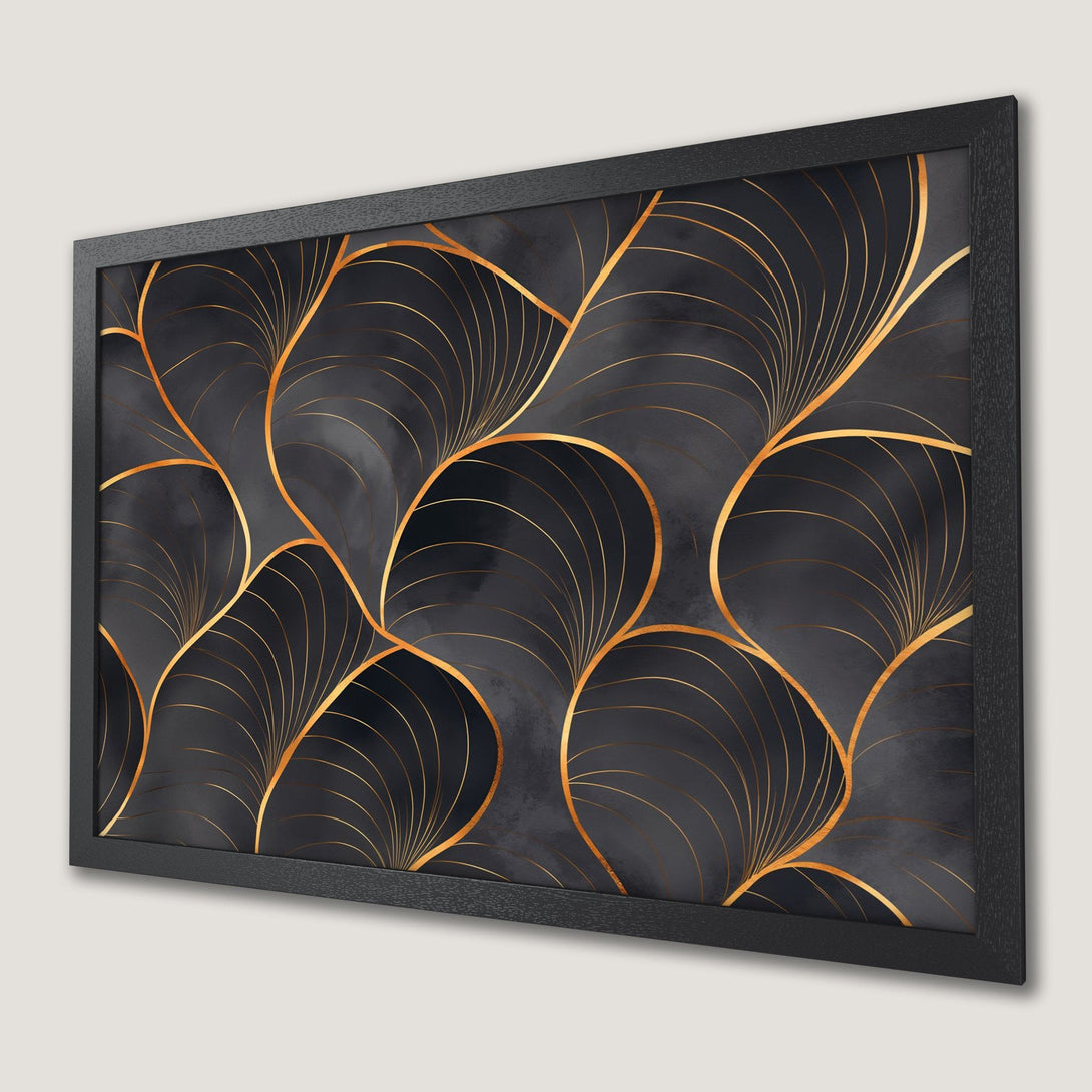 Framed Poster featuring an abstract gold leaf design on a dark gray background. Modern art style, elegant color palette.