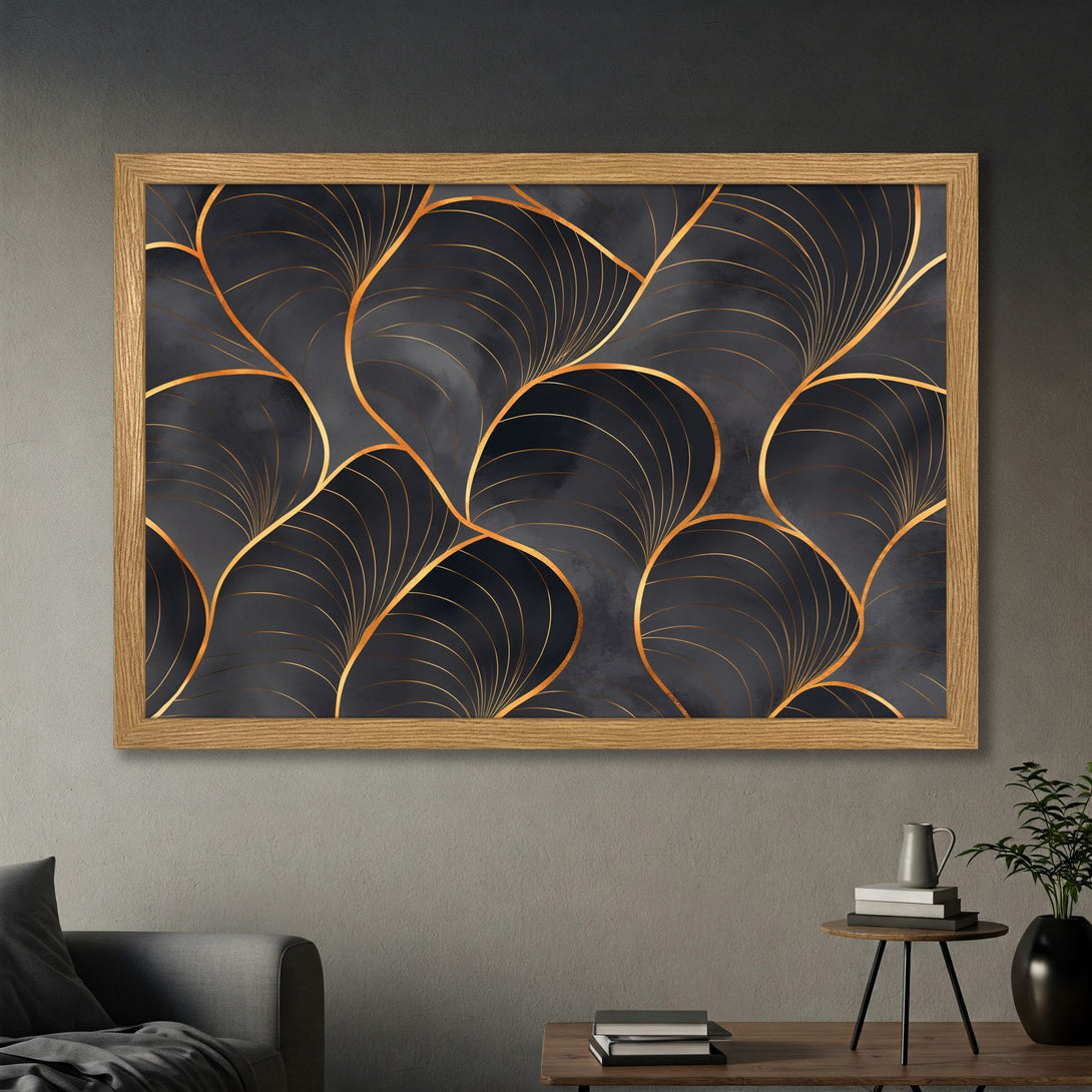 Framed Poster featuring an abstract art deco design in black and gold. Perfect modern wall decor.