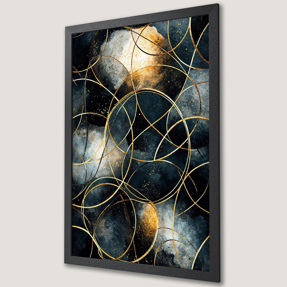Framed Poster featuring abstract gold line art over a dark blue and gold watercolor background. Modern wall art for a stylish home.