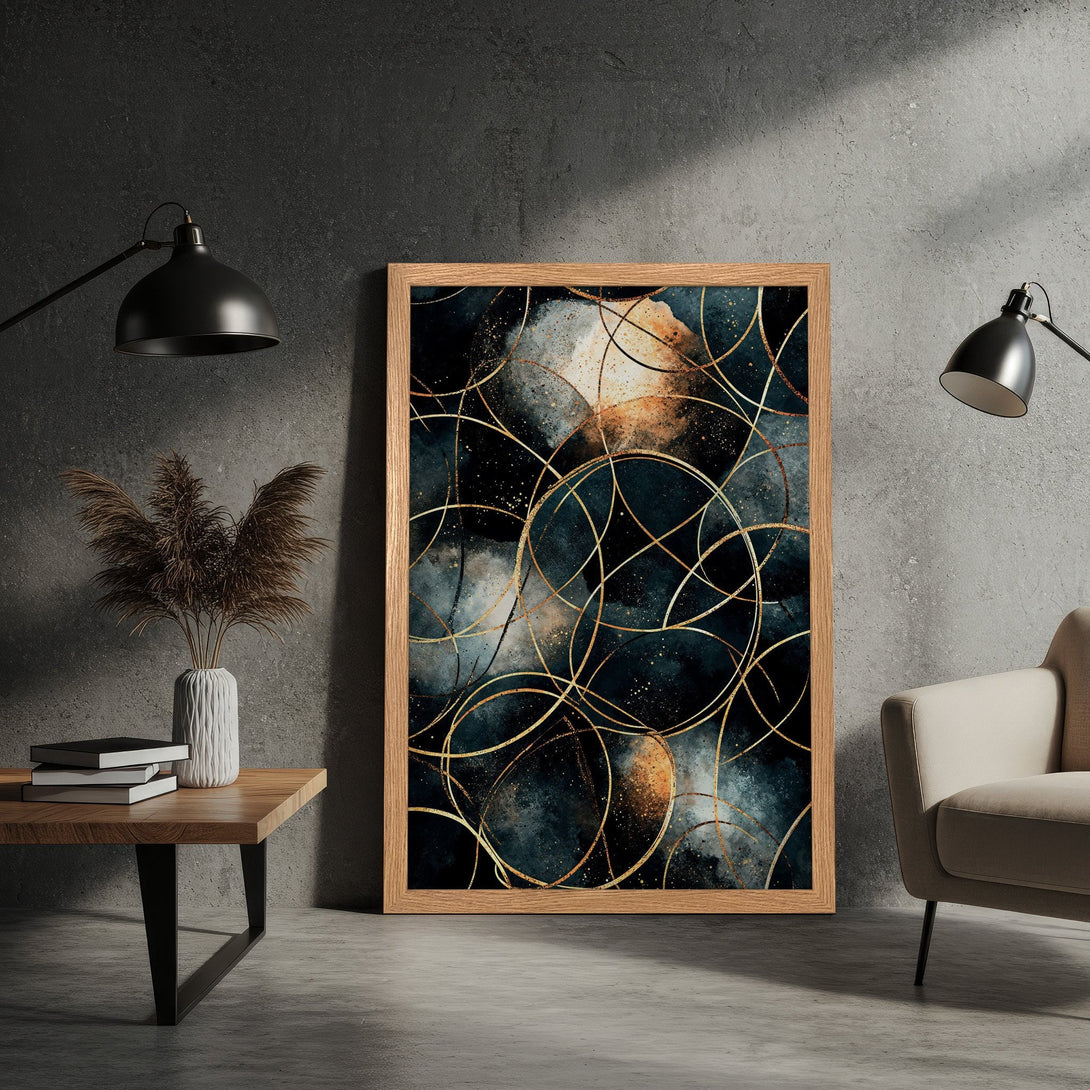 Framed Poster with abstract art in navy, gold, and beige. Modern wall decor for a stylish home.