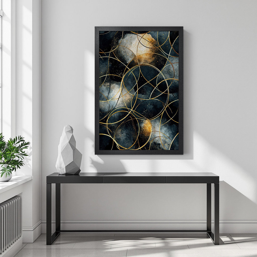 Framed Poster featuring abstract gold lines on a dark blue and gold background. Modern art print for your home decor.