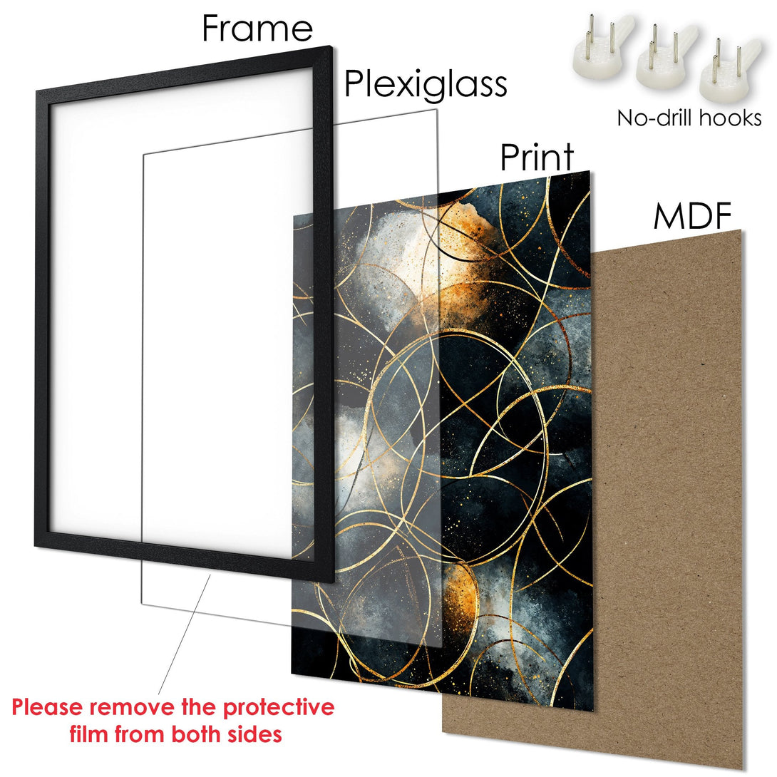 Framed Poster art print with abstract gold lines on a dark blue and gold background. Modern style, ready to hang.