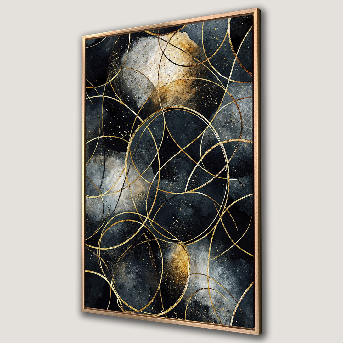 Framed Wall Art featuring an abstract gold line design on a dark blue and gold watercolor background. Modern art print for a stylish home.