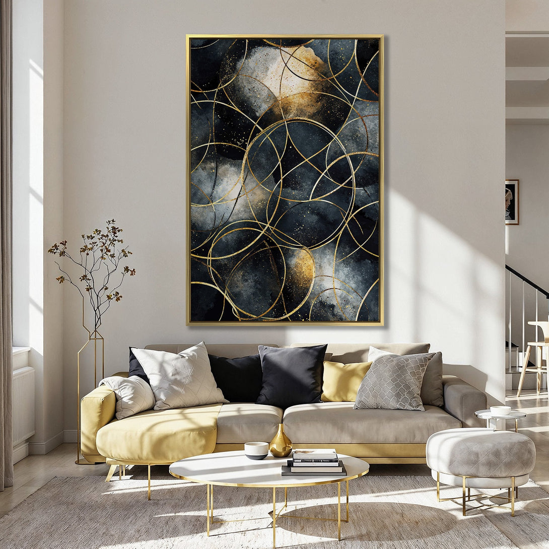 Canvas Print of abstract gold circles on dark blue background, perfect for modern decor. Adds elegance to any room.