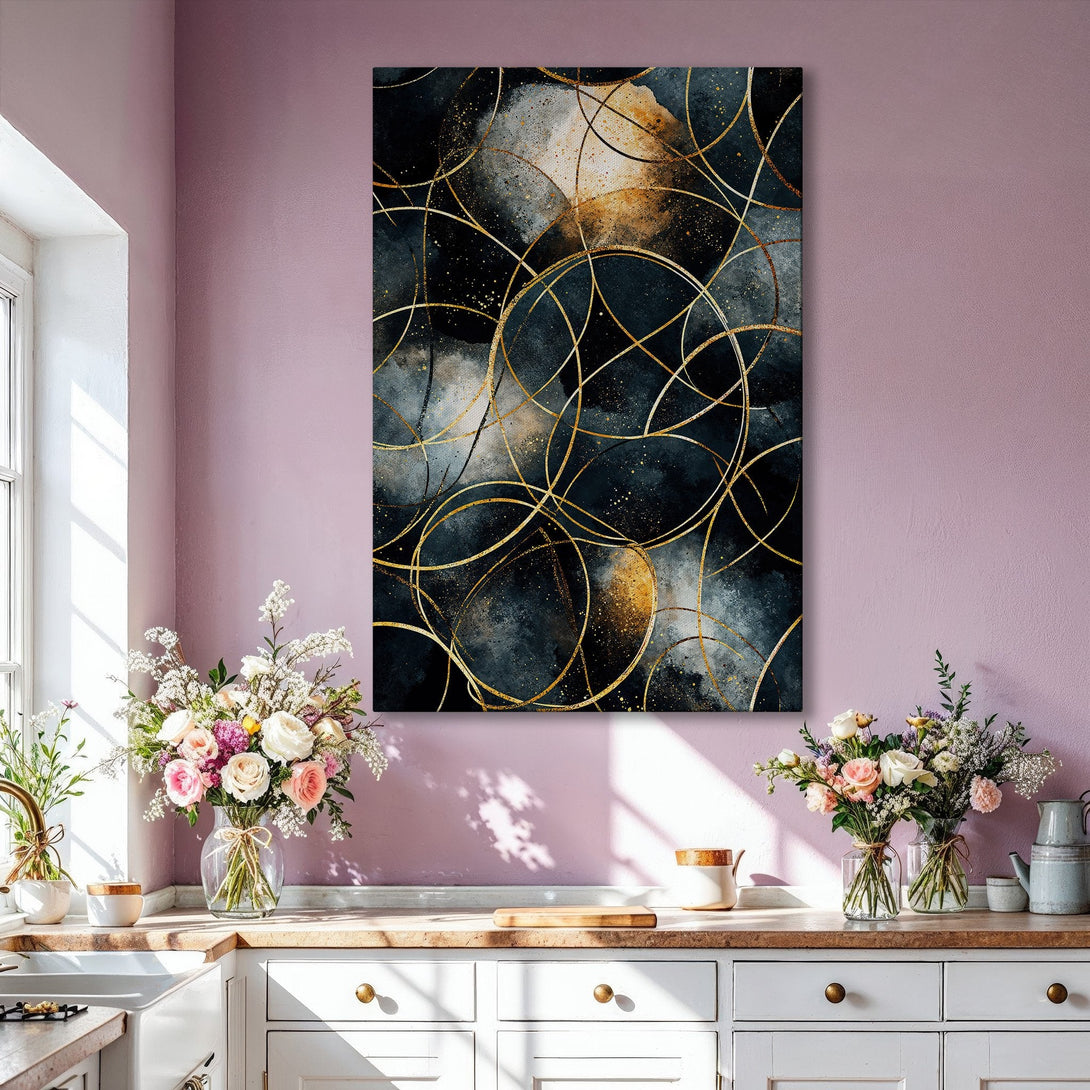 Framed Wall Art: Abstract art canvas print in gold, black, and gray. Modern design for living room decor. Elevate your space with this stunning piece.
