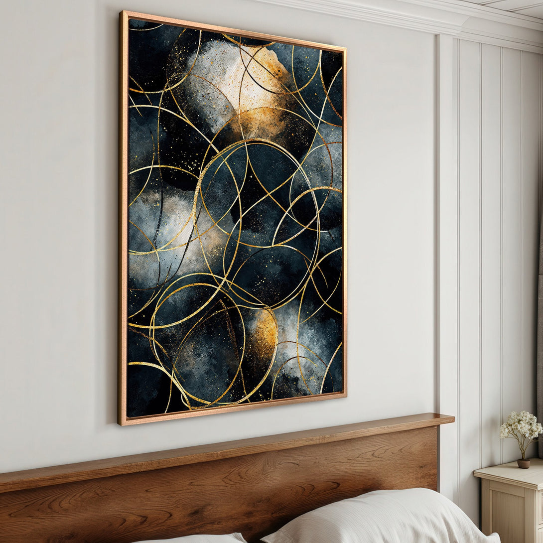 Framed Wall Art: Abstract gold lines on a dark blue and gold Canvas Print. Modern art piece adds elegance to any bedroom or living room.