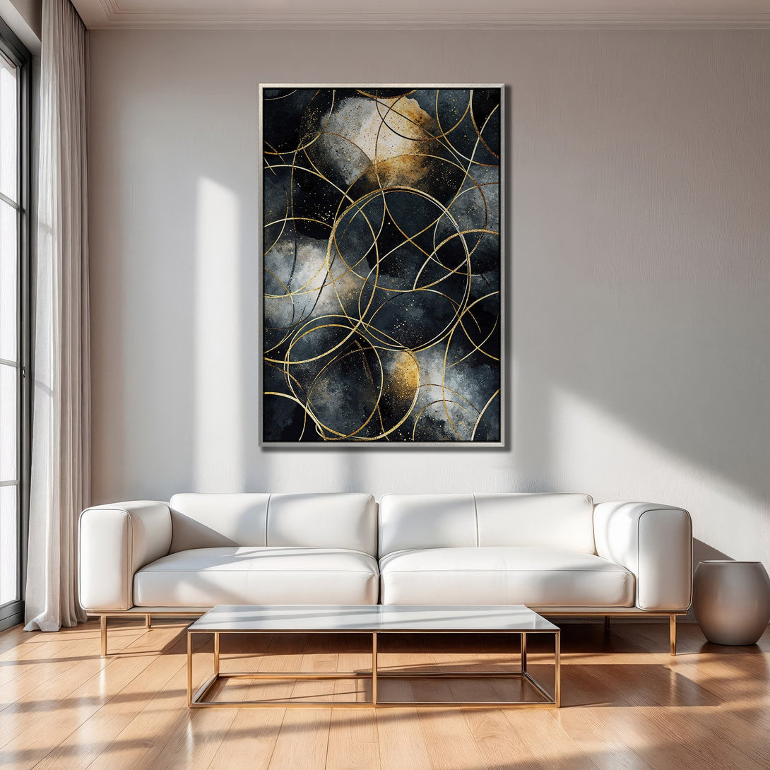 Framed Wall Art featuring an abstract design with gold accents on a dark blue and gray background, perfect for modern home decor.
