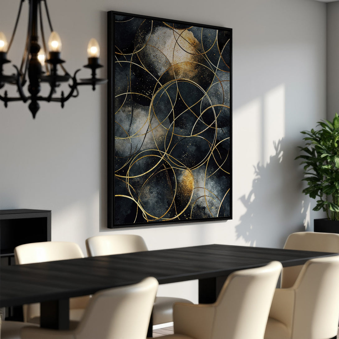 Framed Wall Art: Abstract gold circles on a dark blue and gray watercolor background. Modern art for dining room decor.