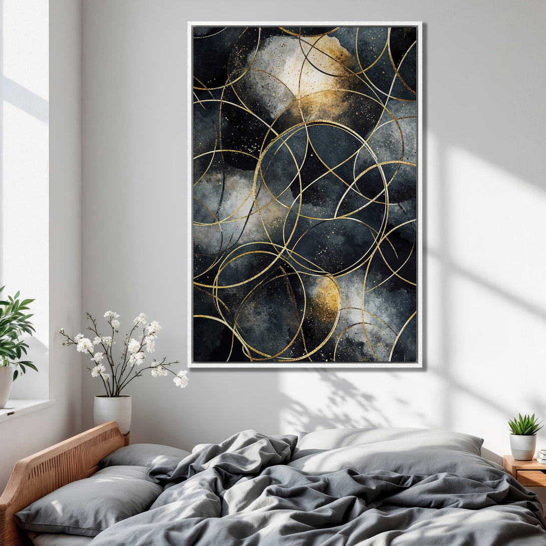 Framed Wall Art featuring an abstract gold and black design. Modern art canvas print with a luxurious, dark and gold color palette, perfect for bedroom decor.