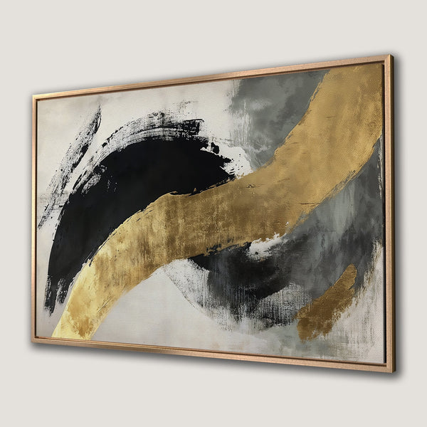 Framed Wall Art: Abstract brushstroke art in black, gold, and gray. Modern canvas print for stylish home decor.