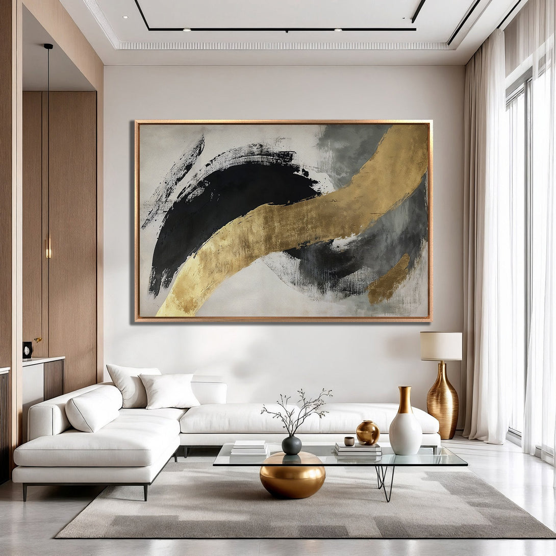 Framed Wall Art abstract painting in black, gold, and gray. Modern art canvas print adds a touch of luxury to any living room.