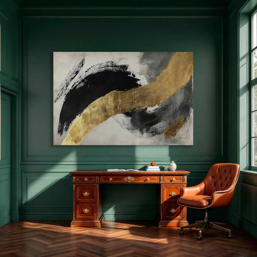 Framed Wall Art: Modern abstract art canvas print in gold, black, and gray. Elevate your space with this stylish, contemporary artwork.