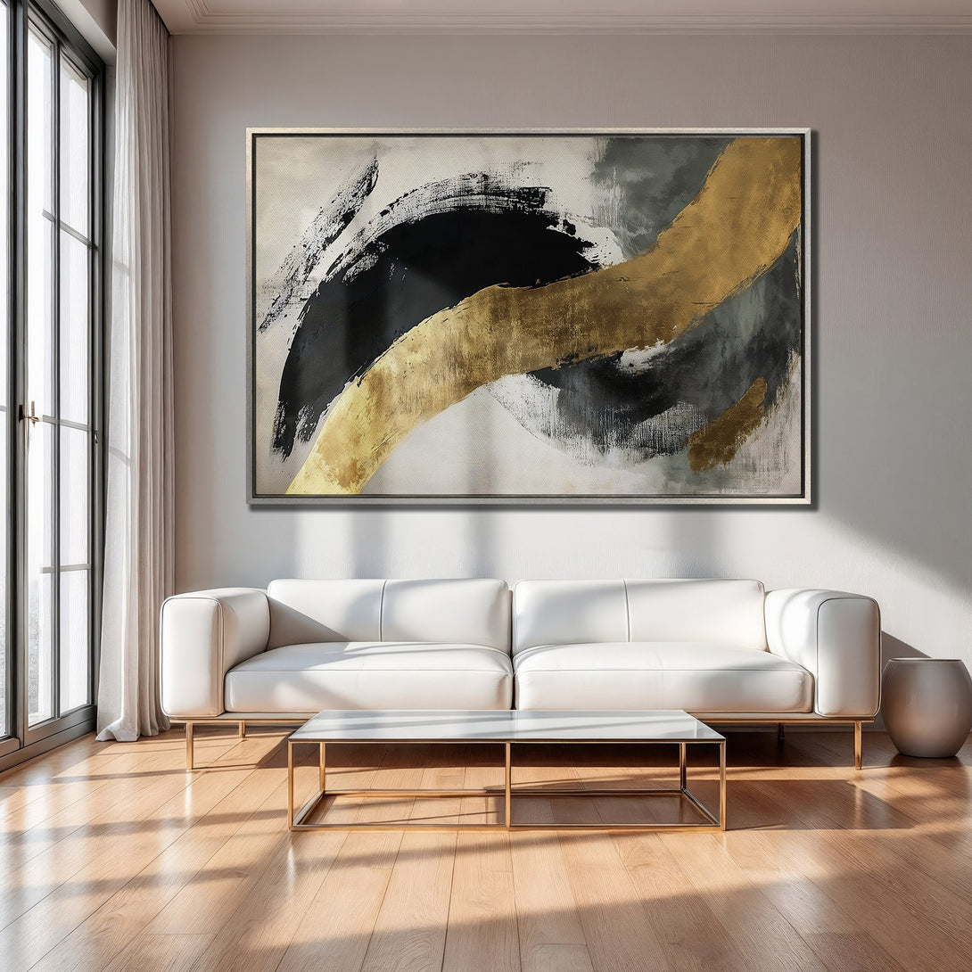 Framed Wall Art: Abstract brushstroke art in gold, black, and gray. Modern canvas print adds a touch of luxury to any interior.