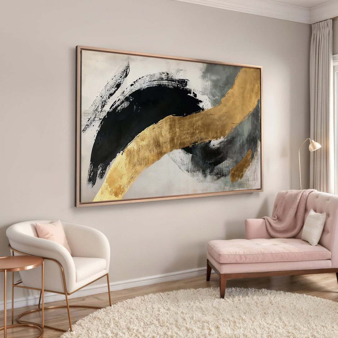 Framed Wall Art: Abstract canvas print with black, gold, and gray brushstrokes. Modern art for living room decor.