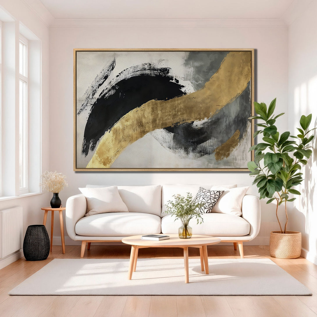 Framed Wall Art: Abstract gold, black, and gray brushstroke Canvas Print. Modern art for living room decor. Neutral color palette, stylish interior design.
