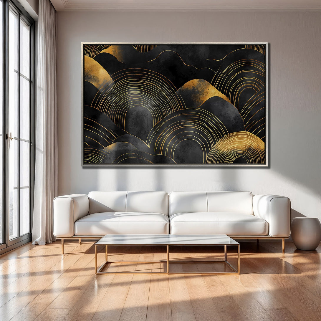 Framed Wall Art featuring abstract gold and black design. Modern art print perfect for living room decor. Neutral color palette.