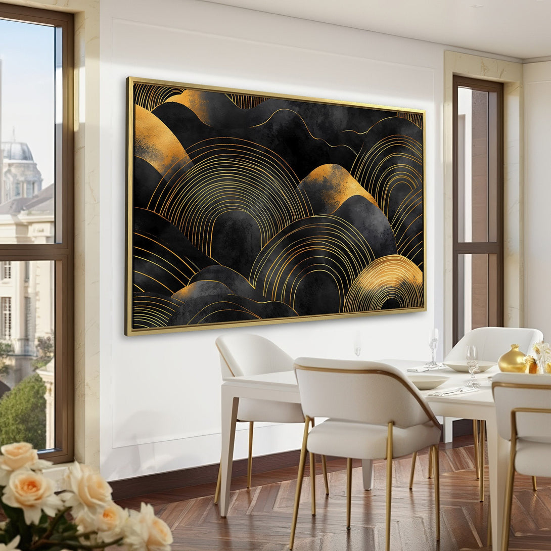 Abstract Canvas Print in black and gold, modern art style, displayed in a sophisticated interior. Perfect for adding elegance to any room.