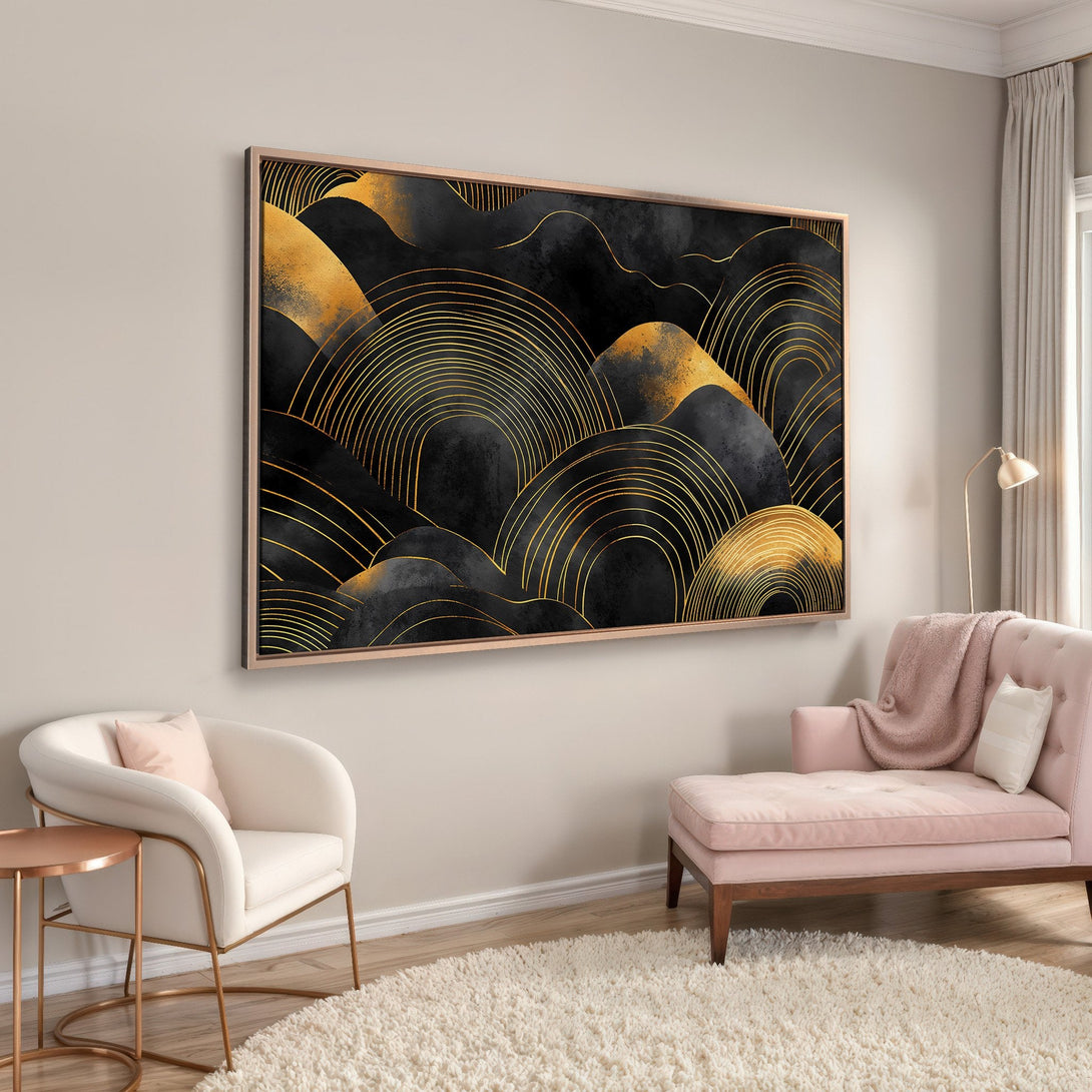 Framed Wall Art: Abstract gold and black art print. Modern decor with a neutral color palette. Elevate your space with this stylish Canvas Print.