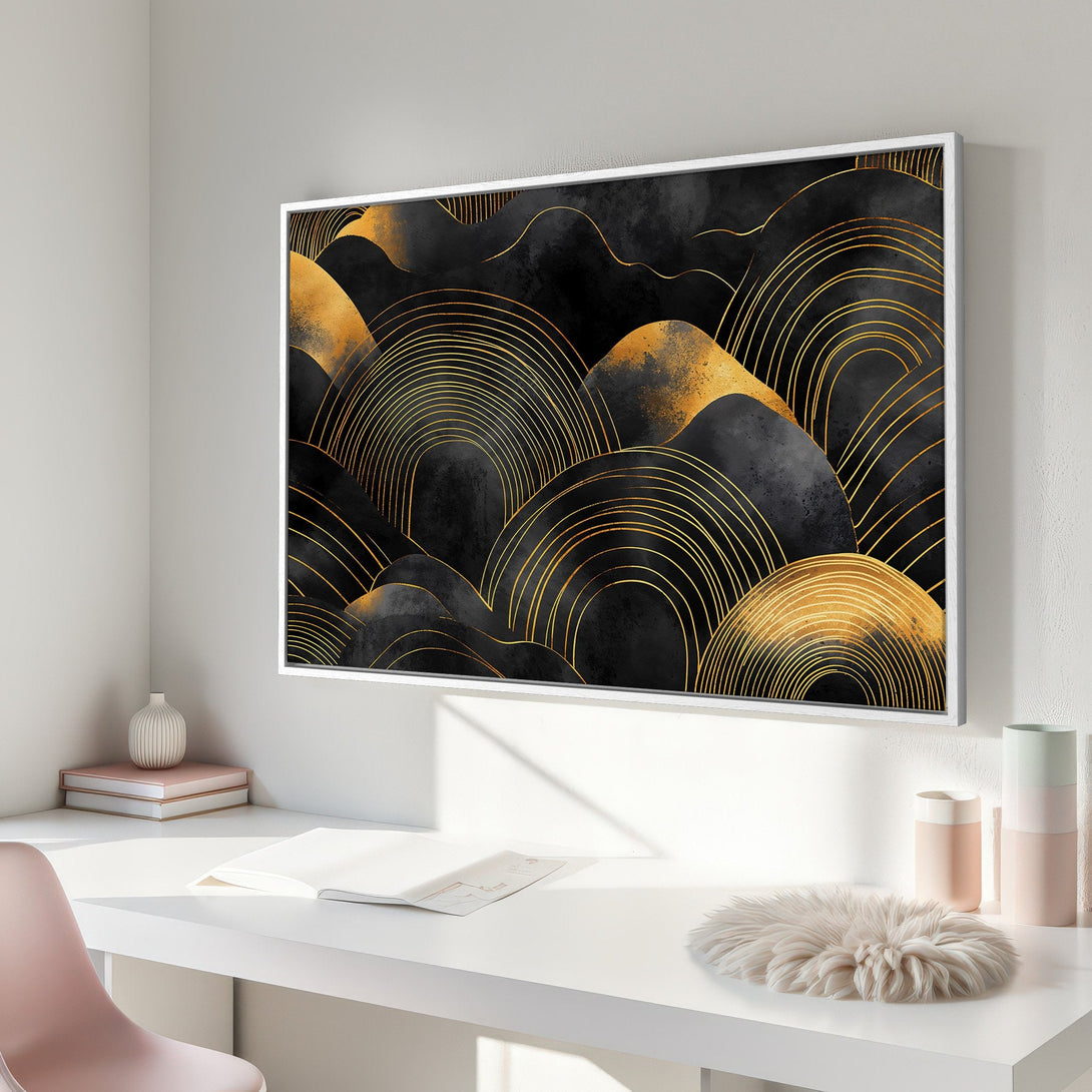 Framed Wall Art featuring an abstract gold and black design. Modern art style with a sophisticated, elegant color palette. Perfect for home decor.
