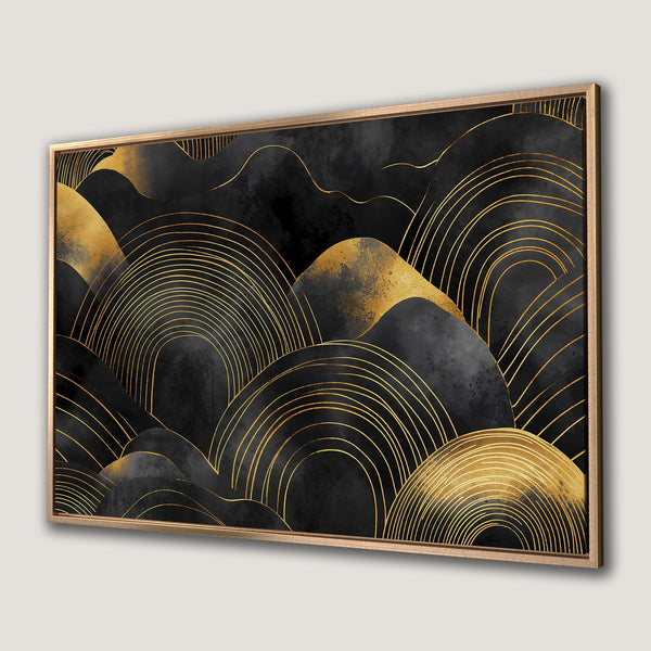 Framed Wall Art: Abstract black and gold mountain landscape Canvas Print. Modern art with a luxurious, minimalist aesthetic.