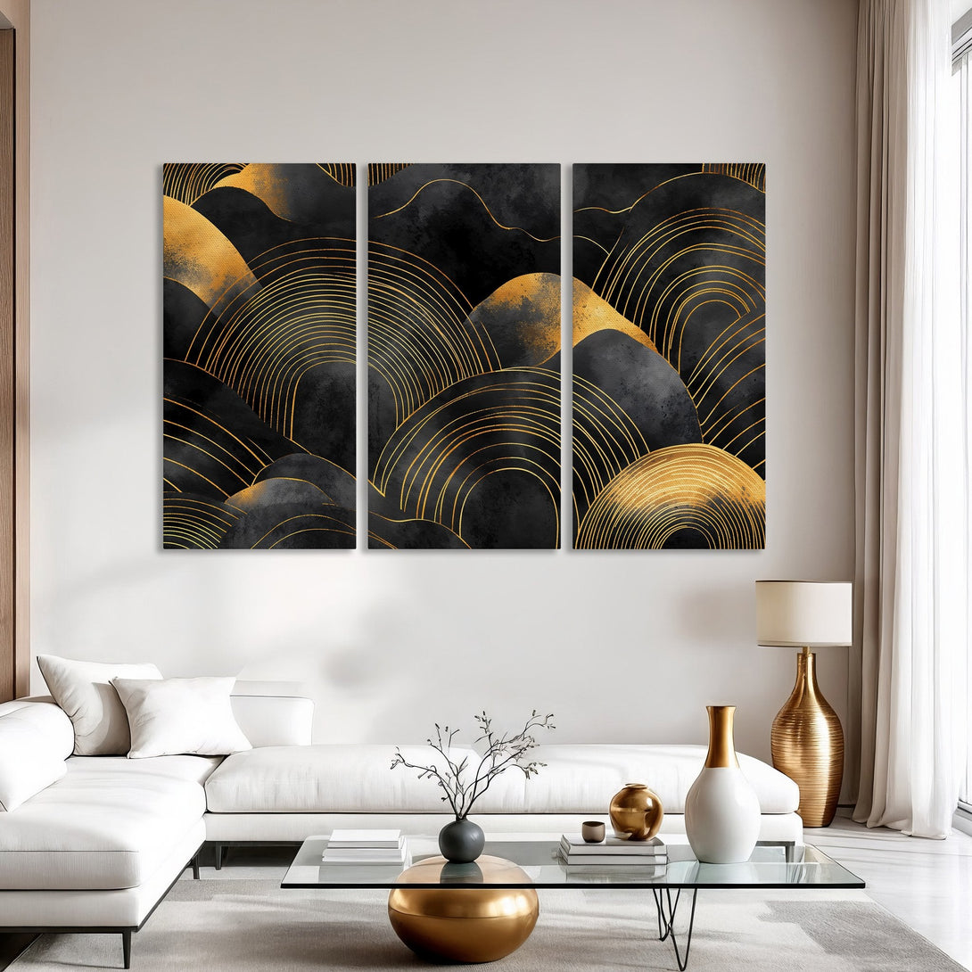 Abstract Canvas Print with gold and black geometric design, modern art, perfect for living room decor.