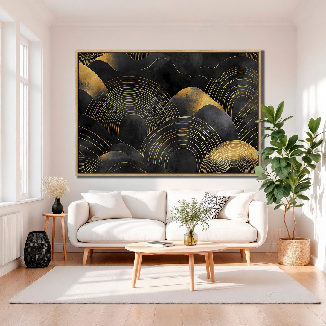 Framed Wall Art featuring a modern abstract design in black and gold. Elevate your space with this stylish canvas print!