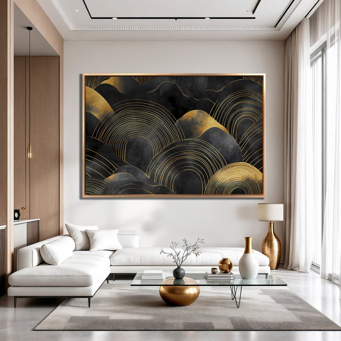 Framed Wall Art: Abstract black and gold landscape art print. Modern style, neutral color palette. Perfect for living room decor.