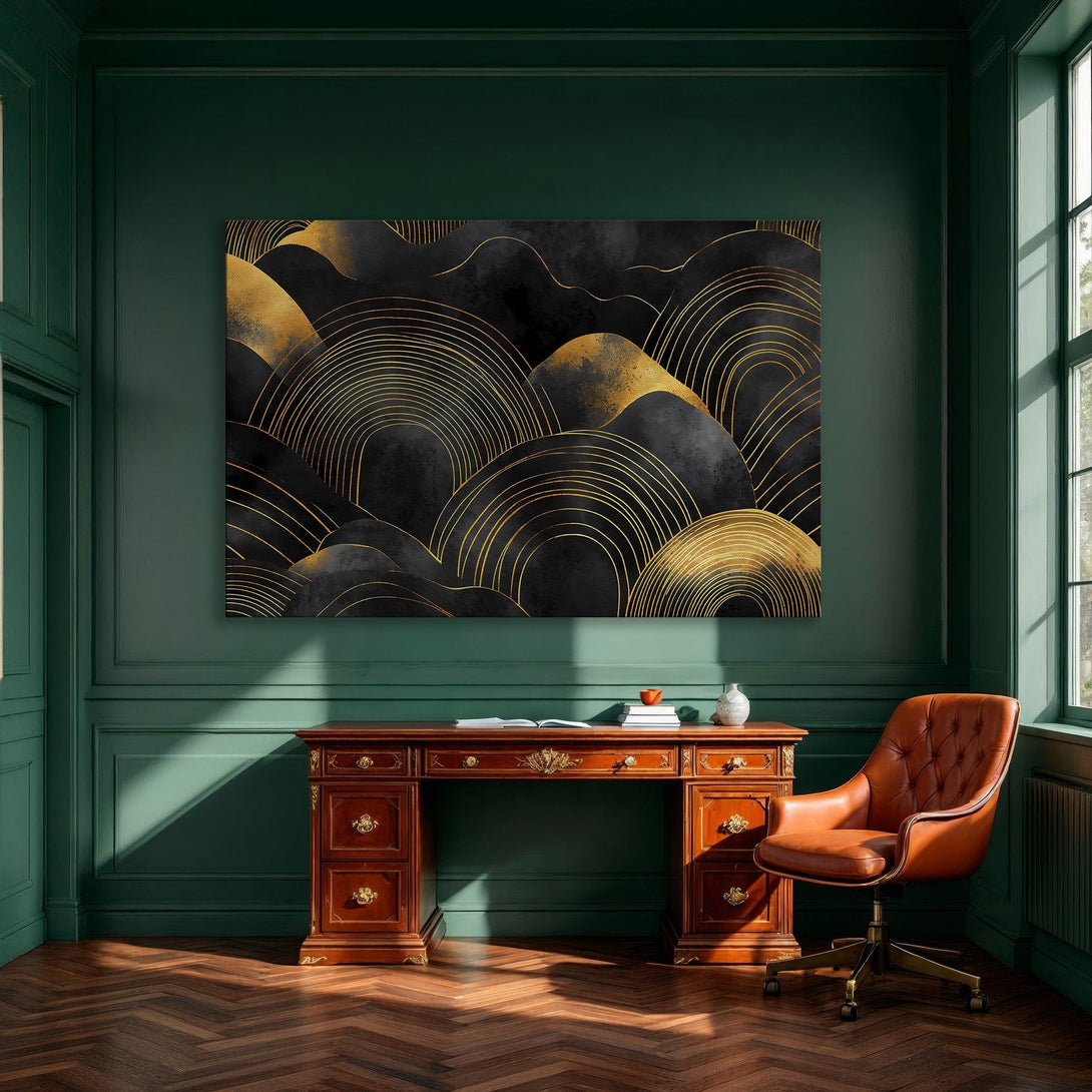 Framed Wall Art: Abstract black and gold art print. Modern style canvas print with a luxurious gold and black color palette. Elevate your home decor!