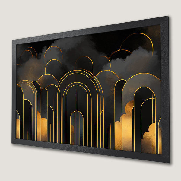 Framed Poster featuring an Art Deco design with gold accents on a black and gray background.
