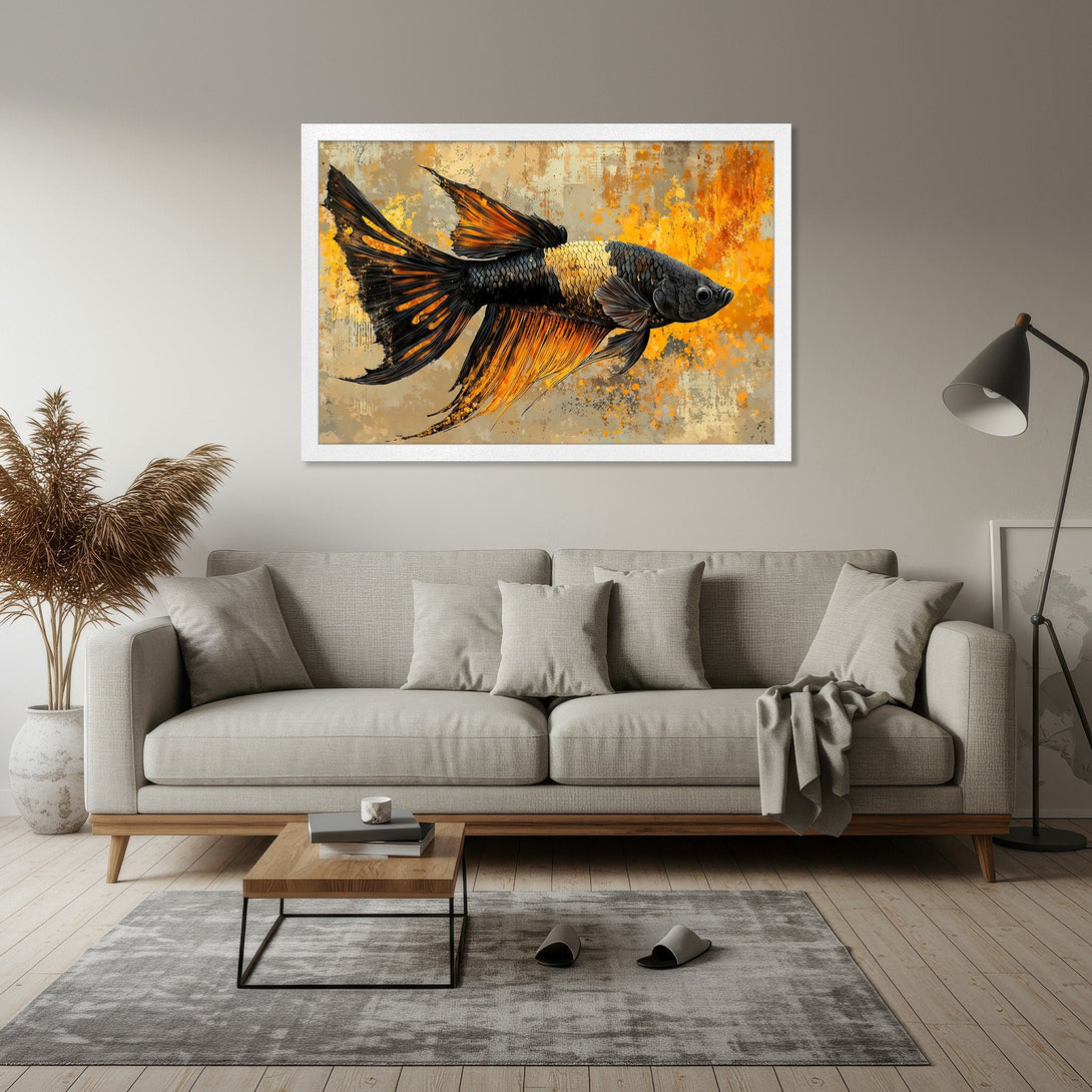 Framed Poster of a vibrant fish in abstract style, featuring black, orange, and gold tones. Perfect wall art for any space!