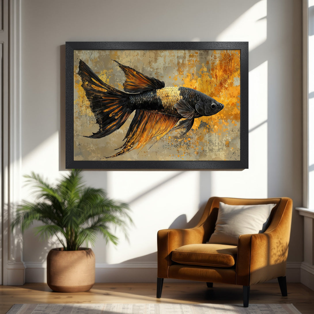 Framed Poster featuring an abstract betta fish in black and gold, perfect wall art for a modern home.