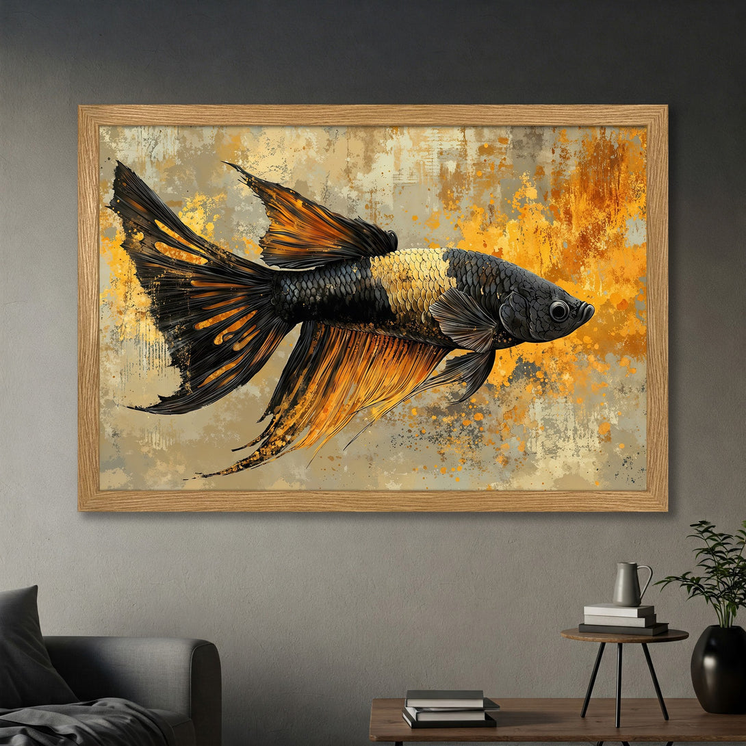 Framed Poster featuring a vibrant betta fish in an abstract style with a warm orange and black color palette. Perfect wall art!