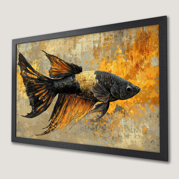 Framed Poster featuring a vibrant betta fish artwork in a modern style with a gold and black color palette.