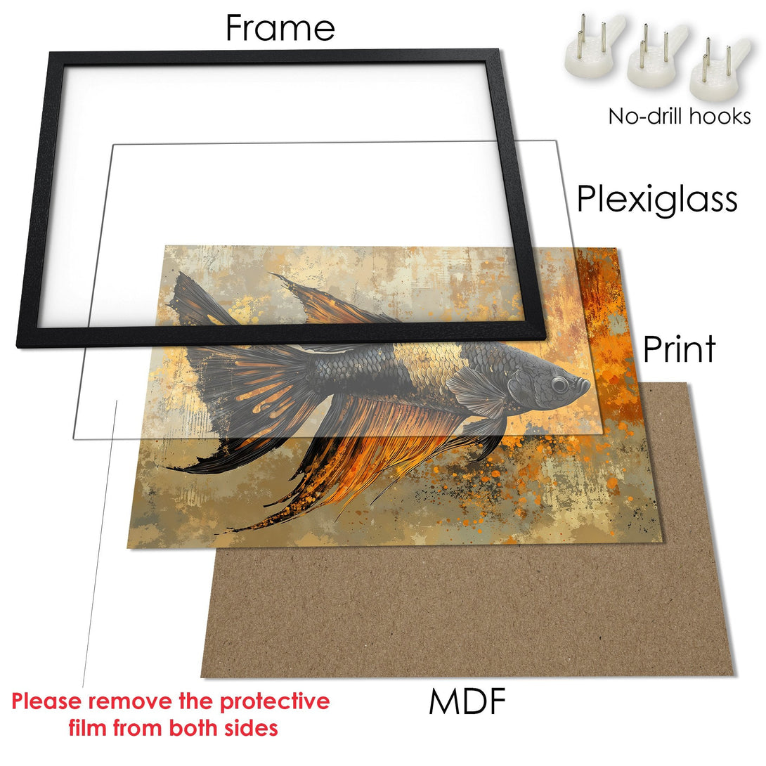Framed Poster featuring a vibrant betta fish in an abstract style with a warm, earthy color palette. Perfect art for your home!