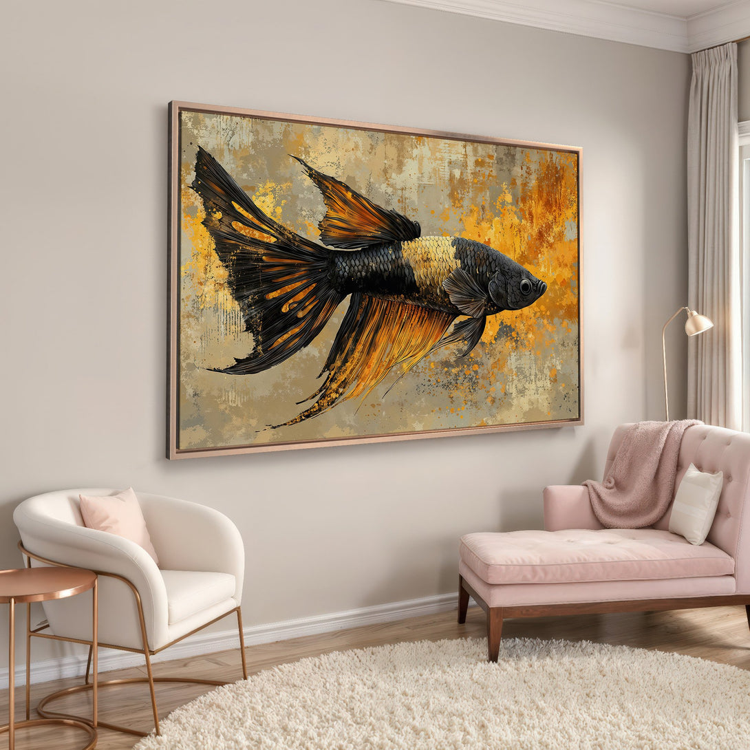 Framed Wall Art: Stunning abstract betta fish Canvas Print in black, gold & orange. Perfect for modern home decor, adds a touch of elegance and color to any room.