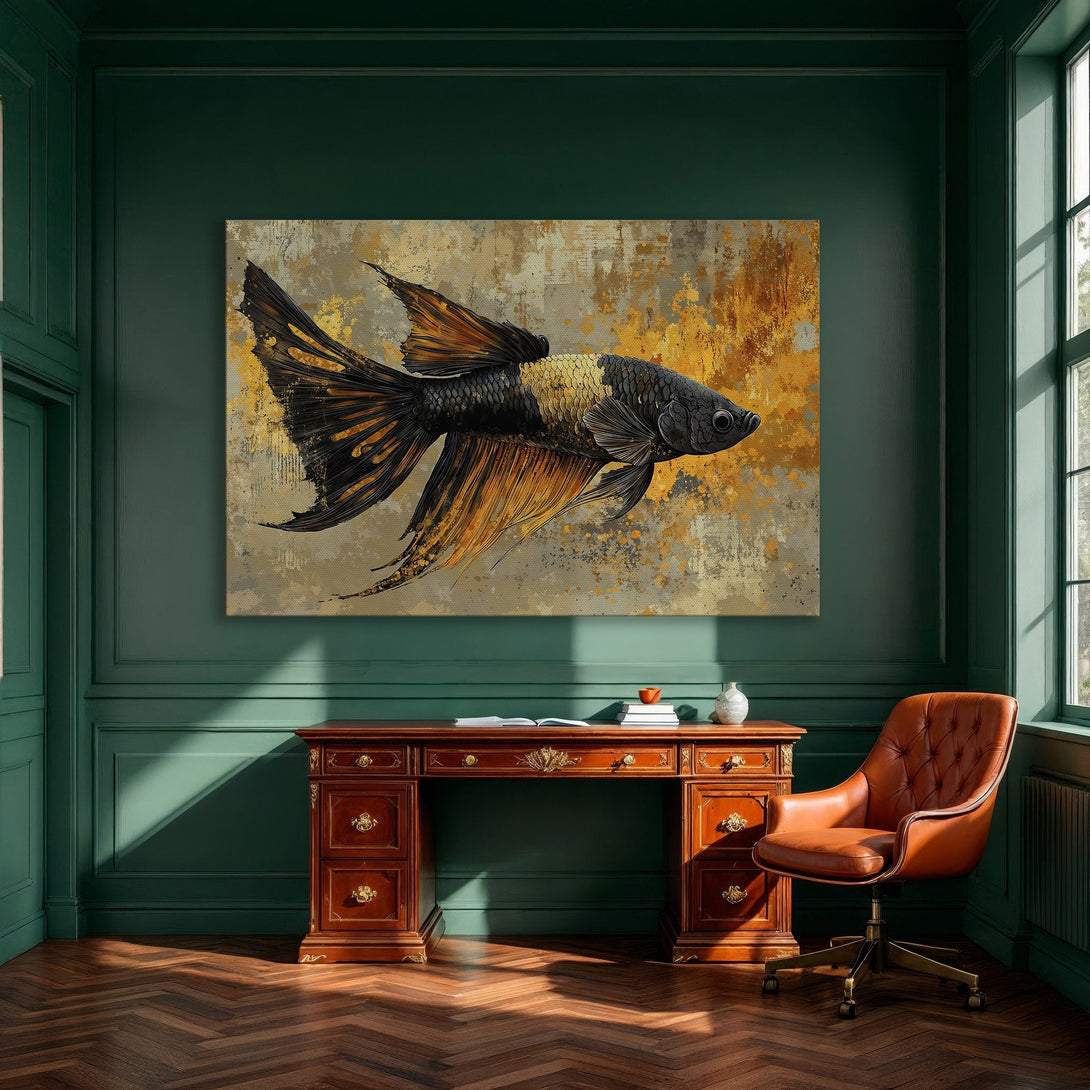 Framed Wall Art featuring a stunning betta fish in shades of black, gold, and orange. Modern art perfect for any interior.