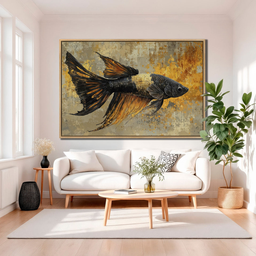 Framed Wall Art: Stunning black and gold betta fish painting. Modern abstract style with a warm, neutral color palette. Perfect for adding elegance to your space.