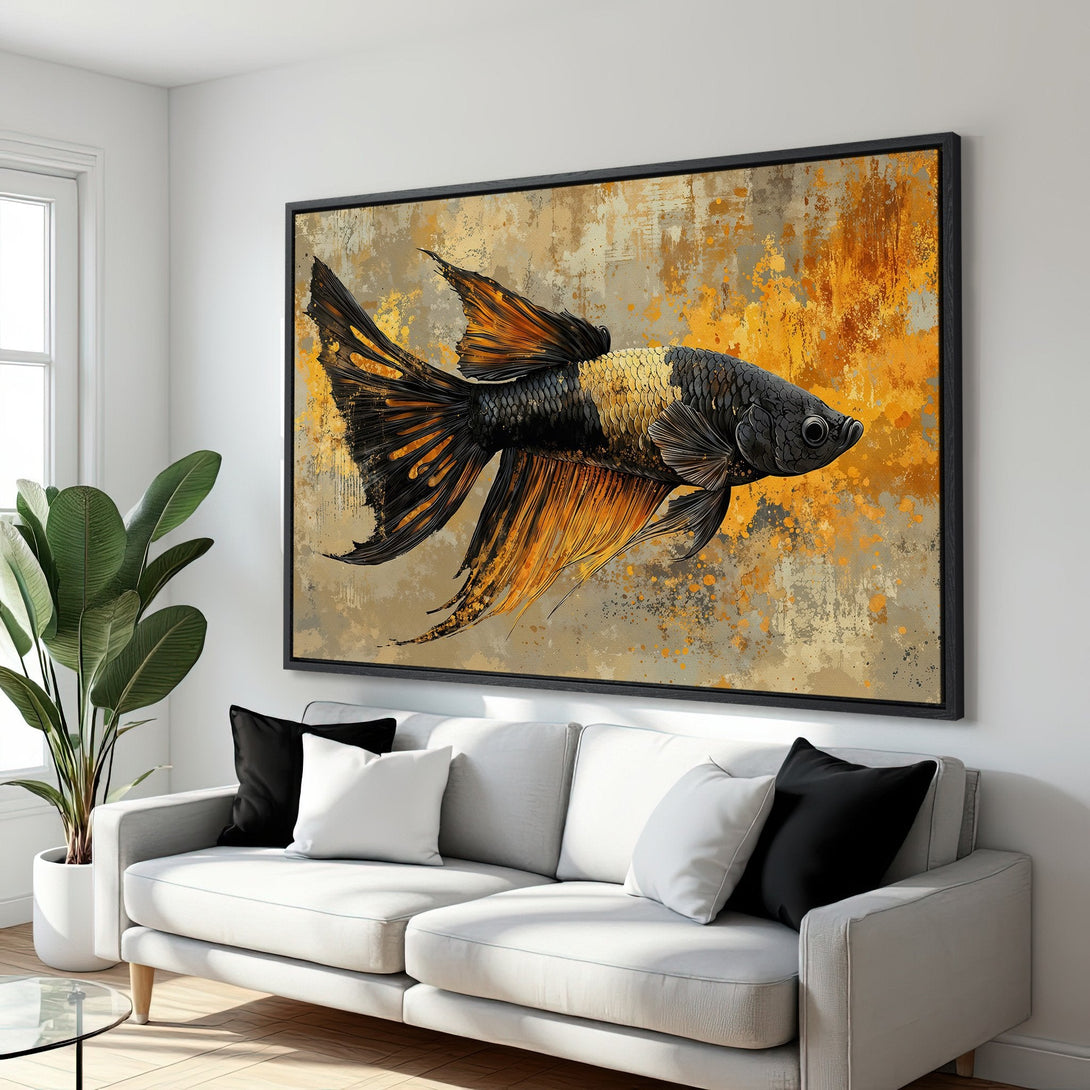 Framed Wall Art of a Betta fish in a modern abstract style, featuring a black, gold, and orange color palette. Perfect for adding a pop of color!