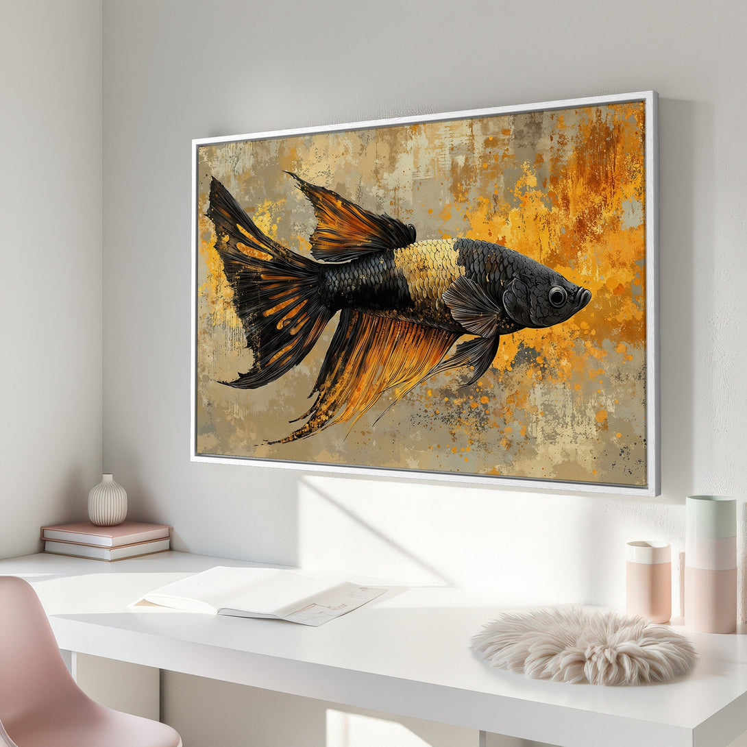 Framed Wall Art featuring a vibrant betta fish painting in abstract style. Warm gold, black, and grey color palette. Perfect for adding a pop of color to any space.