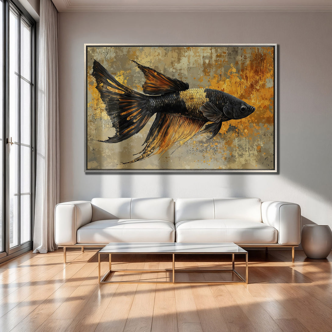 Framed Wall Art featuring a stunning black and gold betta fish, abstract style. Perfect for modern interior decor.