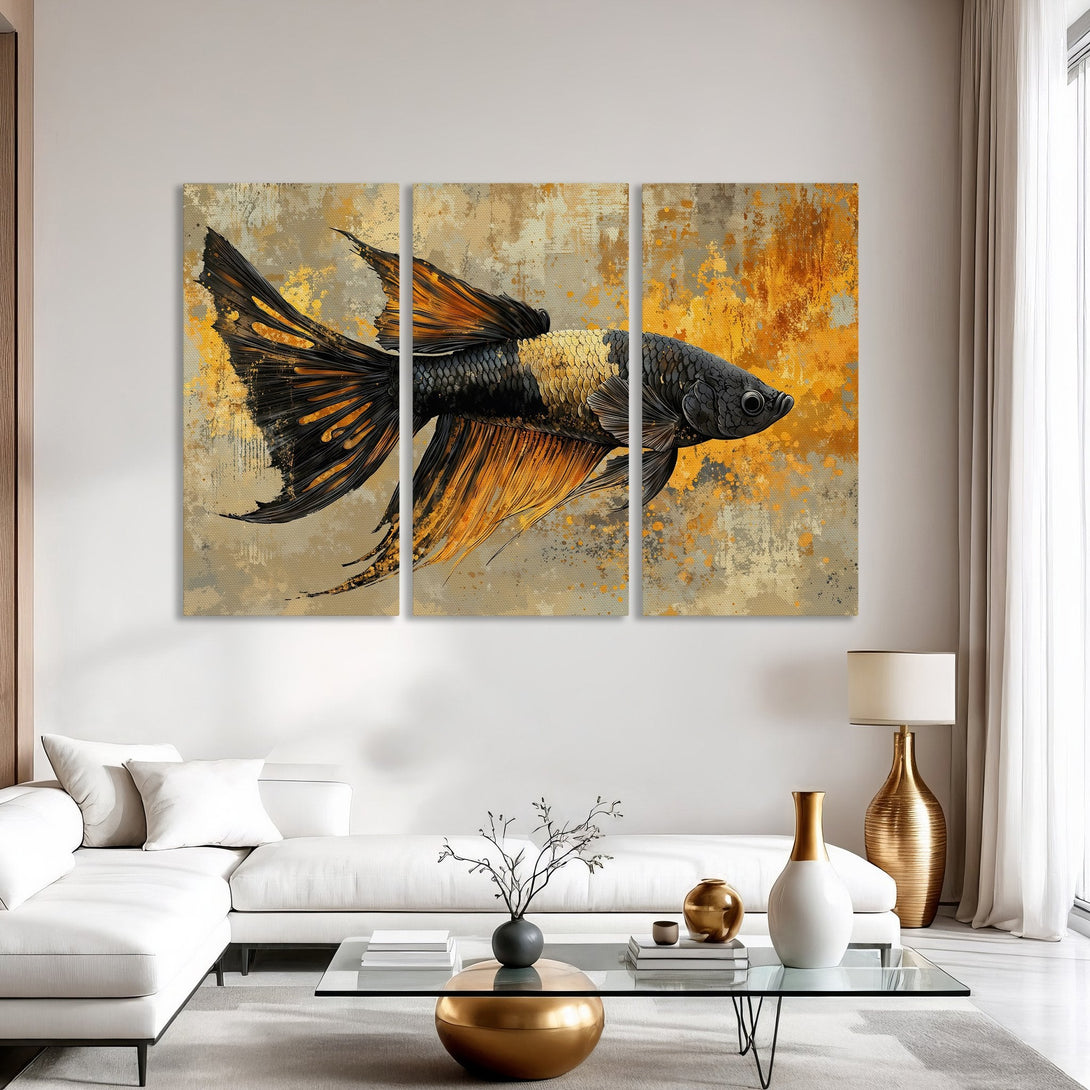 Canvas Print of a Betta fish in abstract style, with a black, gold, and neutral color palette. Perfect wall art for modern decor.