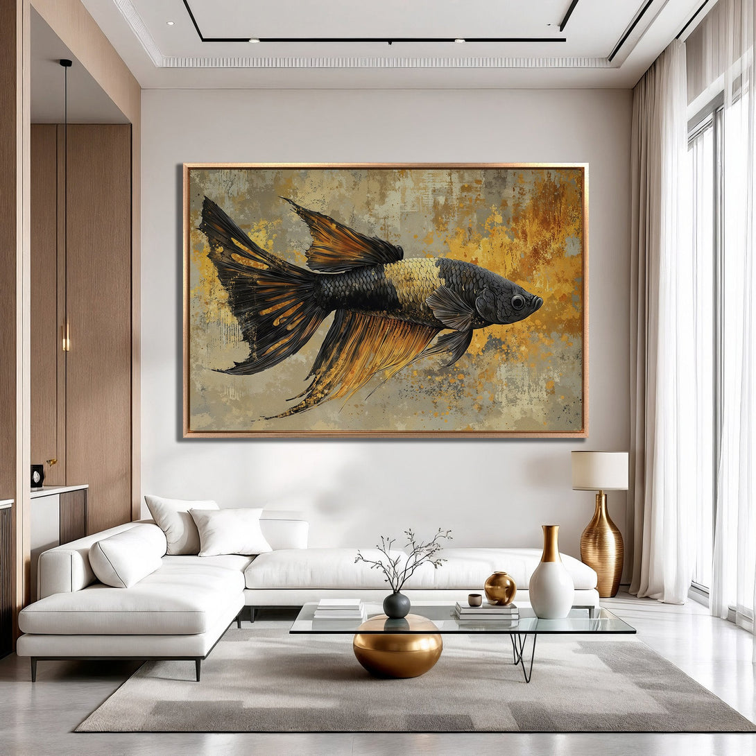 Framed Wall Art: Abstract fish painting in gold, black, and gray tones. Modern art canvas print adds elegance to any interior.