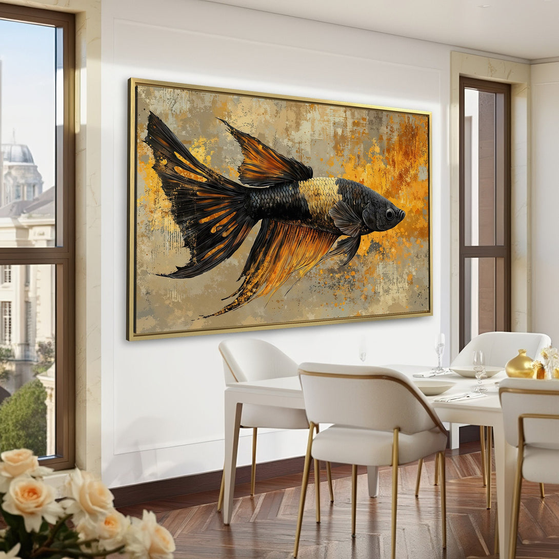 Canvas Print of a Betta fish in abstract style, featuring a gold, black, and neutral color palette. Perfect wall art for any room.