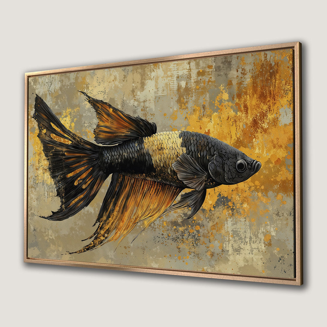 Framed Wall Art: Abstract betta fish painting in gold, black, and gray. Modern canvas print adds artistic flair to any space. Shop now!