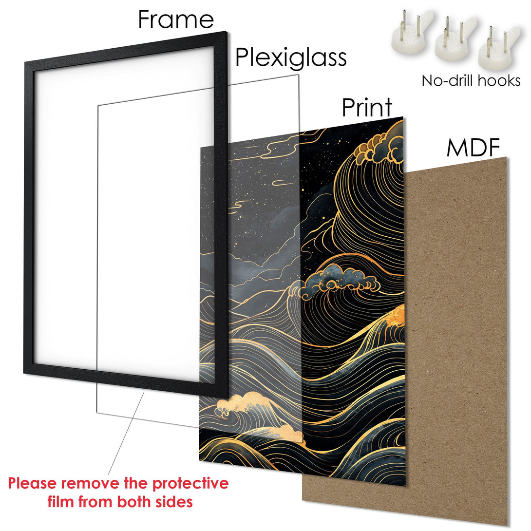 Framed Poster with gold wave design, black frame, and dark blue/gold color palette. Perfect wall art!