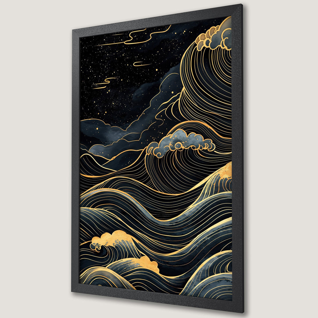 Framed Poster featuring a stylized ocean wave design in a dark blue and gold color palette, perfect for home decor.