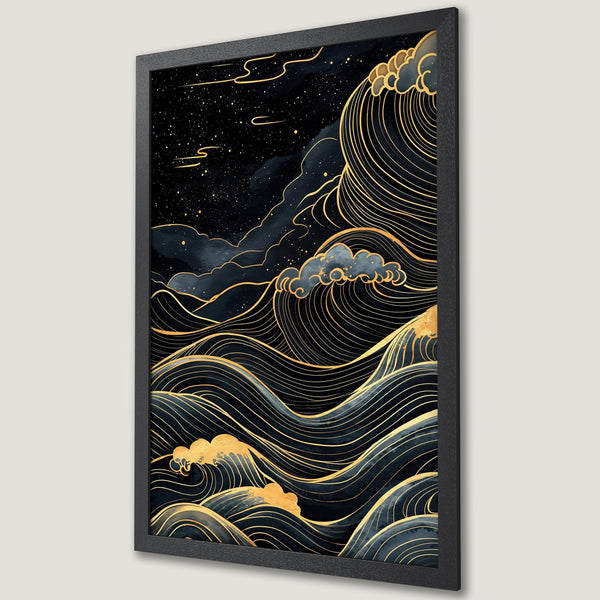 Framed Poster featuring a stylized ocean wave design in a dark blue and gold color palette, perfect for home decor.